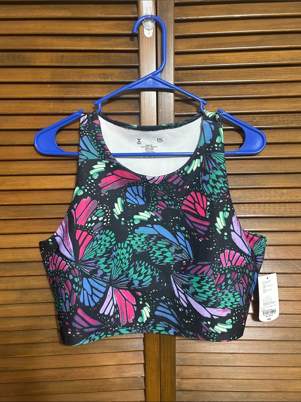 Xersion Black Cropped Neon Butterfly Print Tank Top Swim Workout Casual Size 2XL